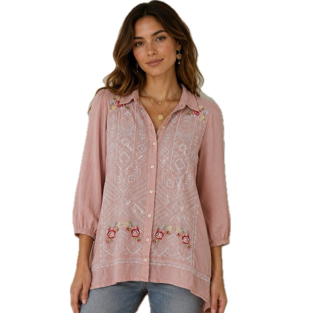 Johnny Was Whimsical Boho Embroidered Pink Floral Tunic Blouse Small -